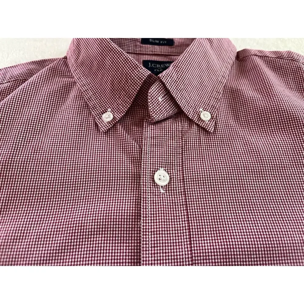 J Crew Shirt Mens Medium Burgundy Check Slim Fit Flex Button Down EUC